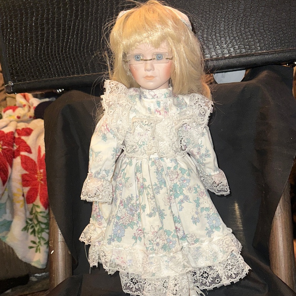 Source Unknown Porcelain Doll with Blonde Hair and Floral Dress